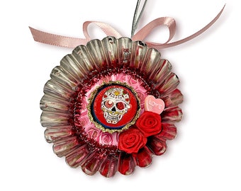 Sugar Skull Valentine's Day Ornament Gift with Roses