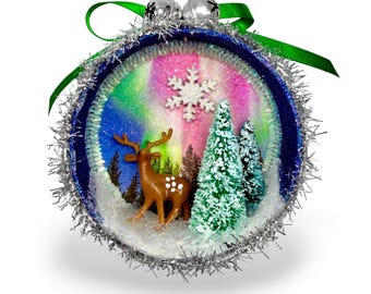 Aurora Borealis Christmas Ornament, Upcycled Tuna Can with Deer & Bottle Brush Tree, Cottagecore Holiday Decor