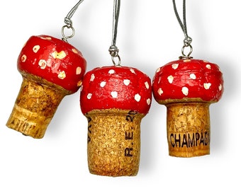 Upcycled Champagne Cork Mushroom Ornaments, Woodland Amanita Toadstool Decorations