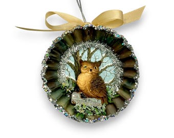 Cottagecore Woodland Owl Ornament with Pinecones & Moss, Fall or Winter Rustic Decor