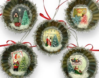 Retro Style Ornaments, Rustic Tin Decorations with Assorted Christmas Figurines and Embellishments