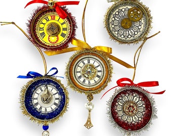 Steampunk New Years Clock Ornaments in Upcycled Mason Jar lids, Holiday Gift Idea
