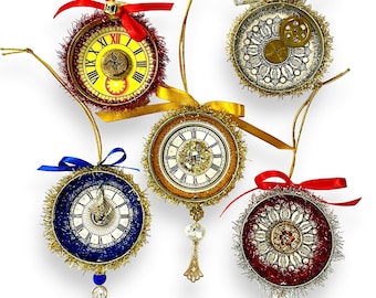 Steampunk Clock Ornament: Upcycled Mason Jar Lid, Vintage Gears or Buttons