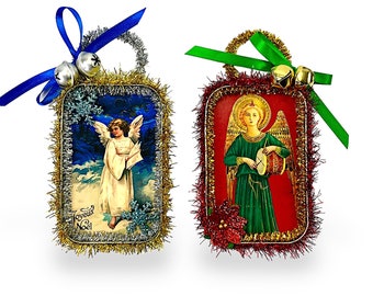 Christmas Angel Ornaments, Vintage Inspired Upcycled Tin Decorations