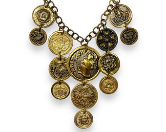 Repurposed Button Necklace, Vintage Brass Coin Statement, Upcycled Fashion, One-of-a-Kind Sustainable Gift
