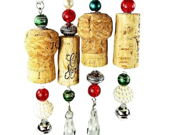 Handmade Champagne Wine Cork Ornaments, Rustic Red & Green Christmas Decorations, Set of 4