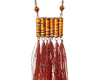 Artsy Long Tassel Necklace in Copper, Gift for Woman, Handmade Artisan Jewelry