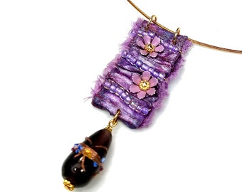 Purple Boho Flower Necklace Pendant, Eco Friendly Jewelry Art