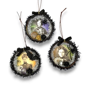 Victorian Halloween Ornaments, Mason Jar Lid Decor with Vintage Photos, Spiders, Black Roses & Lace