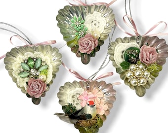 Repurposed Vintage Tart Tin Ornaments, Victorian Floral Heart Decorations in Pink and Green