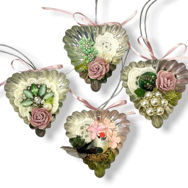 Repurposed Vintage Tart Tin Ornaments, Victorian Floral Heart Decorations in Pink and Green