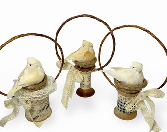 Farmhouse White Dove Ornament, Vintage Spool Decorations