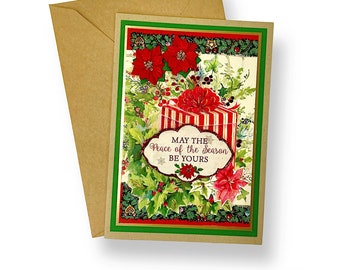 Collage Art Christmas Card with Dimensional Paper Poinsettias, 5x7"
