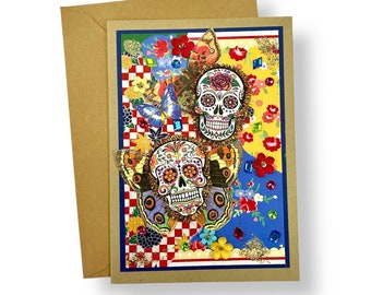 Handmade Sugar Skull Card with Dimensional Butterflies, Mixed Media Upcycled Collage Art, 5x7