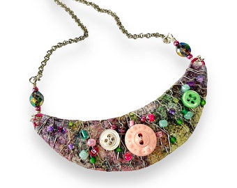 Spring Garden Bib Necklace - Wire Wrapped Paper, Mixed Media Wearable Art Jewelry
