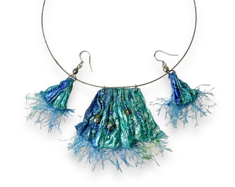 Ocean Inspired Art Jewelry Statement Necklace & Earrings Set - Vibrant Blues, Upcycled Materials