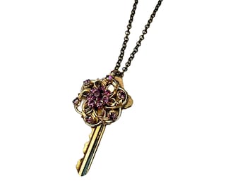 Long Purple Amethyst Upcycled Jewelry Key Necklace Pendant "Key To My Heart"