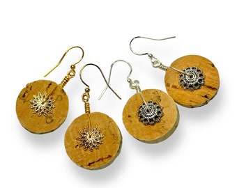 Repurposed Wine Cork Earrings, Lightweight Upcycled Jewelry, Wine Lover Gift, Unique Circle Dangles