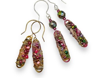 Handmade Wire Wrapped Paper Bead Earrings, Repurposed Art Jewelry