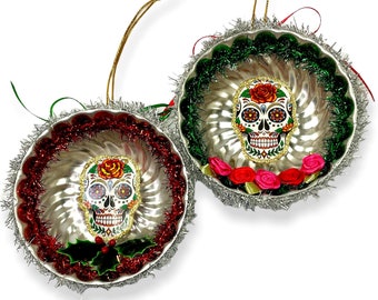 Day of the Dead Christmas Ornaments, Festive Upcycled Mexican Folk Art Style Decoroations, Sugar Skulls
