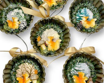 Rustic Woodland Cottagecore  Ornaments , Squirrel or Deer, Handmade Upcycled Holiday Decor