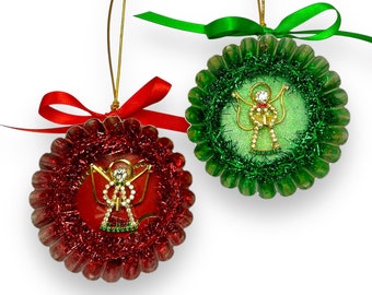 Repurposed Vintage Angel Christmas Ornaments in Red or Green, Reflector Style