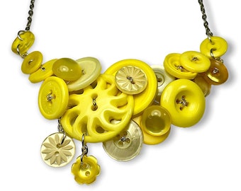 Lemon Yellow Button Statement Necklace, Repurposed Upcycled Jewelry