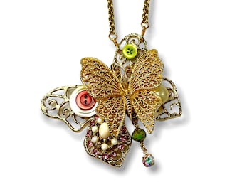 One-of-a-Kind Butterfly Pendant Necklace Statement, Repurposed Vintage Assemblage Jewelry