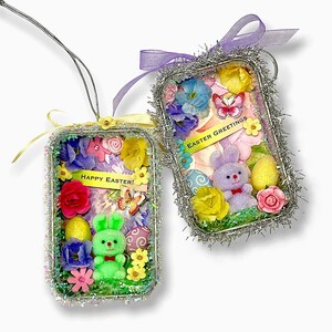 Easter Bunny Ornament Gifts, Diorama Shadowbox Decorations with Butterflies, Flowers