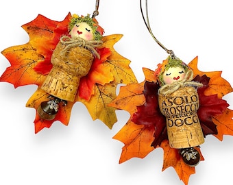 Whimsical Autumn Fairy Ornaments, Fall Wine Cork Decorations, Leaf Fairies