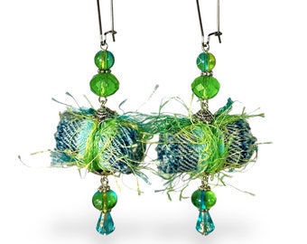 Bold Statement Earrings, Upcycled Fabric Fiber Art  Jewelry