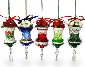 Christmas Spool Ornaments, Upcycled Victorian Decorations with Poinsettias and Roses