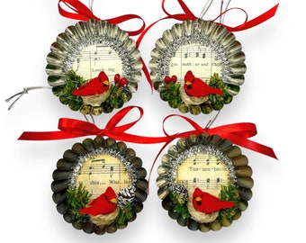 Cottagecore Cardinal Christmas Ornament Decorations, Bird in Nest Diorama with Sheet Music
