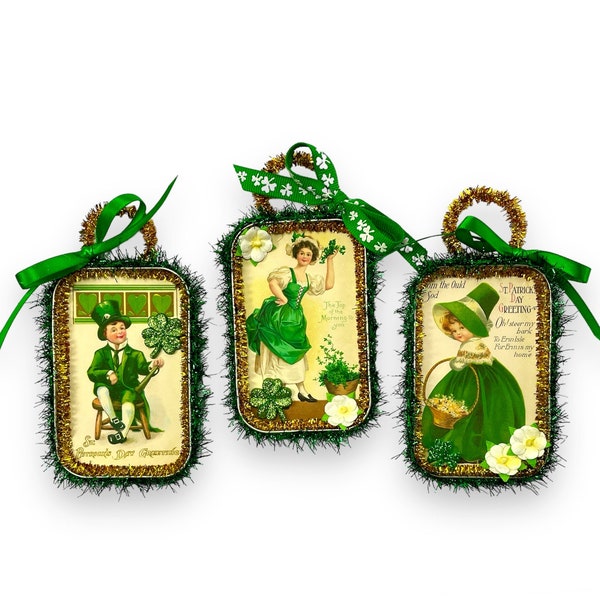 Vintage Style Saint Patricks Day Ornaments, Irish Decorations, Repurposed Tins