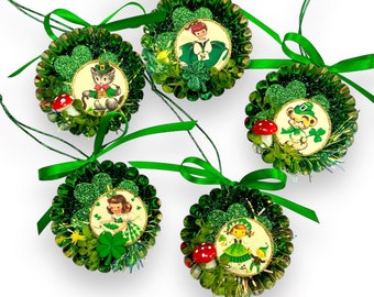 Kitschy Vintage Inspired St. Patrick's Day Ornaments, Upcycled Tart Tin Decorations