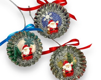 Sparkly Santa Ornaments, Retro Christmas Holiday Decorations