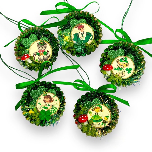 Kitschy Vintage Inspired St. Patrick's Day Ornaments, Upcycled Tart Tin Decorations