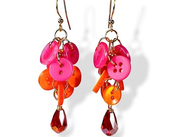 Repurposed Button Cluster Dangle Earrings in Hot Pink Orange Ombre with Crystal Dangles, Upcycled Jewelry
