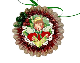 Retro Christmas Ornaments Made From Upcycled Tart Tins with Santa, Angels, Teddy Bears, Bells or Cardinal