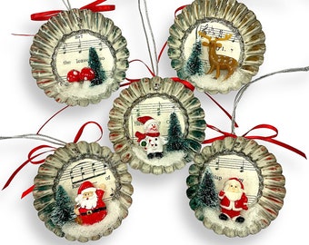 Christmas Diorama Ornaments, Holiday Decor, Hanging Decorations: Santa, Reindeer, Snowman, Mushrooms