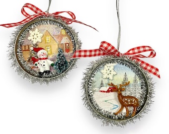 Repurposed Mason Jar Lid Ornament SET of TWO, Farmhouse Style with Snowman and Reindeer