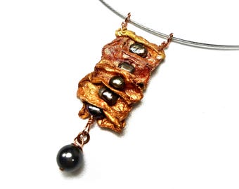 Organic Gray Pearl Necklace Pendant in Copper, Organic Fiber Art