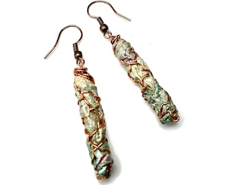 Artsy Green Copper Dangle Earrings,  Repurposed Recycled Upcycled