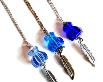 Long Blue Feather Necklace, Upcycled Boho Jewelry