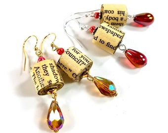 Upcycled Paper Bead Dangle Earrings, Book Lover Gift