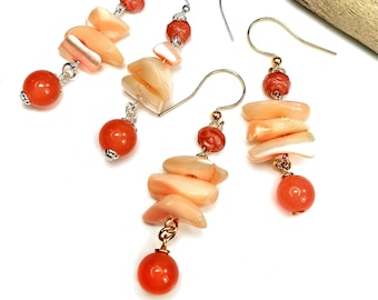 Peachy Coral Earrings for Summer, Shell Dangles in SILVER