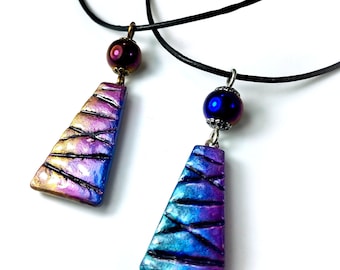 Blue or Purple Boho Necklace Pendant, Handmade Artisan Clay Jewelry