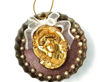 Vintage Cameo Ornament, Upcycled Victorian Style Christmas Decoration