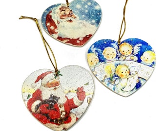 Wood Heart Christmas Ornaments, Retro Santas and Angels, Decoupage Decorations