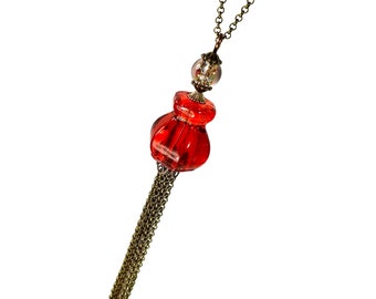 Long Red TASSEL Necklace, Repurposed Glass Knob, Upcycled Jewelry, Mother's Day Gift